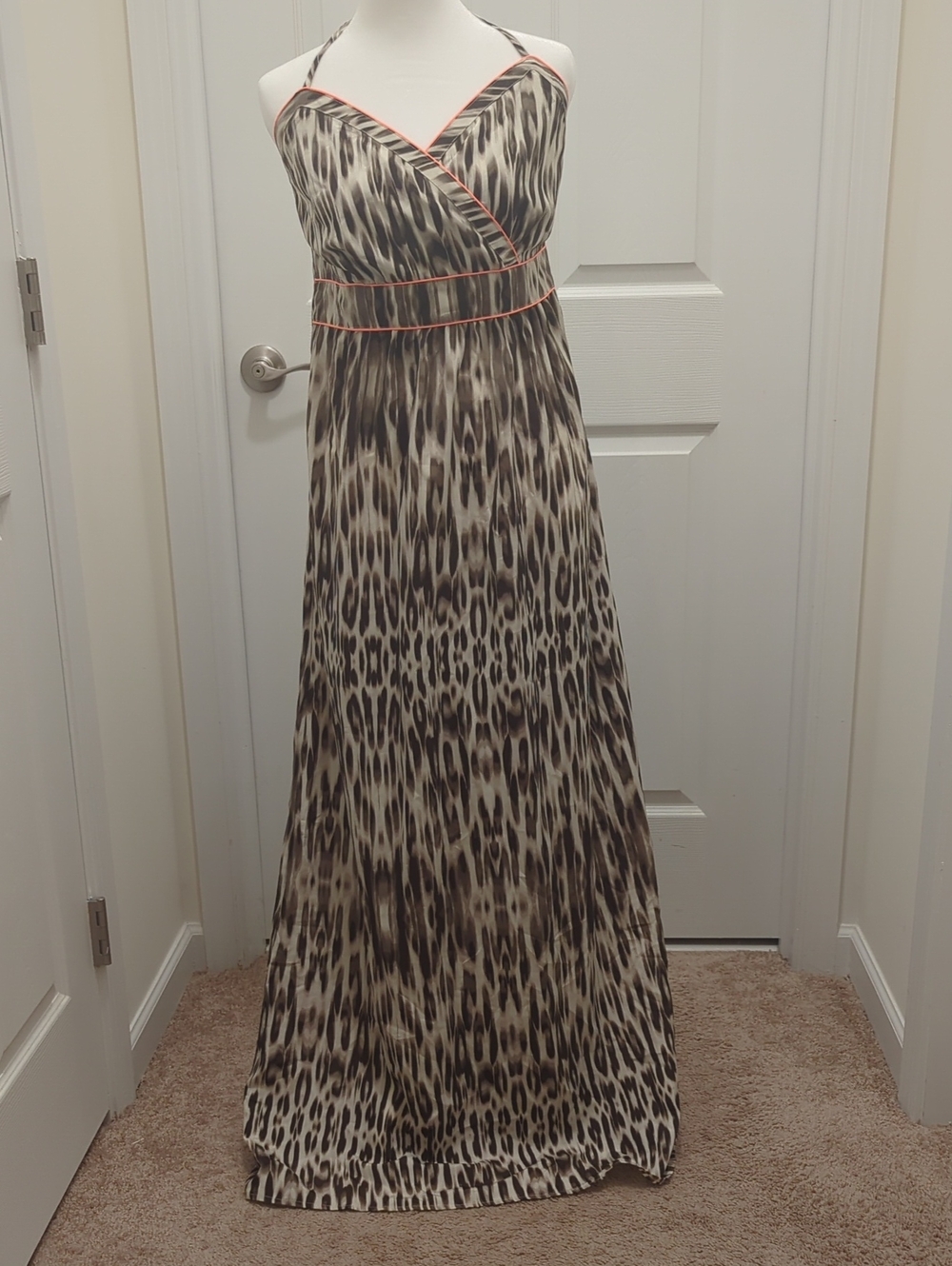 The Limited Animal Print Halter Maxi Dress with Coral Trim